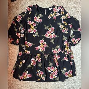 Bobeau Black Midi Dress with Pink and Yellow Floral Pattern